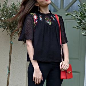 Zara Swiss Dot and Mexican Floral Embroidered Top Boho Embellished